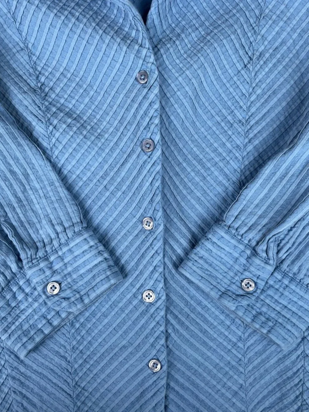 VTG Coldwater Creek Crinkle Button Up Blouse Women’s M Blue Stripe Academia Boho